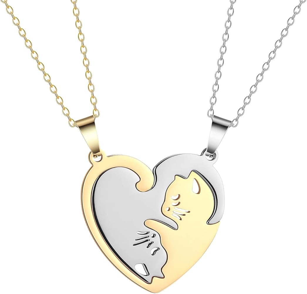 Plikin 2pcs Cat Matching Necklace Pendant Girl Stainless Steel Heart Cat Friendship Necklace BFF