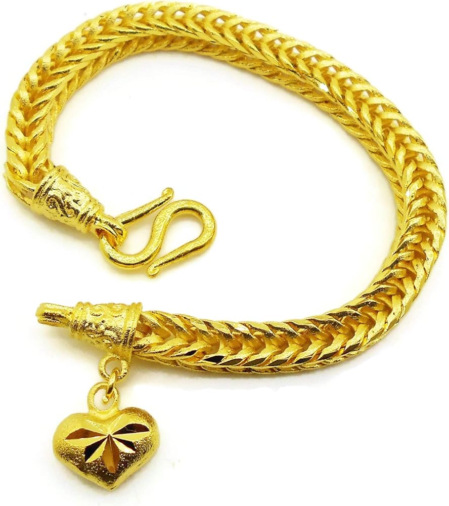 Braid Gorgeous Heart Charm Thai Baht Yellow Gold Plated Filled Bangle 23k 24k Bracelet Jewelry 7 inch