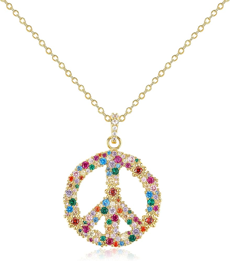 Colorful Peace Sign Pendant Necklace for Women 14K Gold Plated Cubic Zirconia Peace Hippie Necklace Rhinestone Love Peace Symbol Charm Necklace Adjustable Chain Boho Hippie Jewelry Gift for Girls