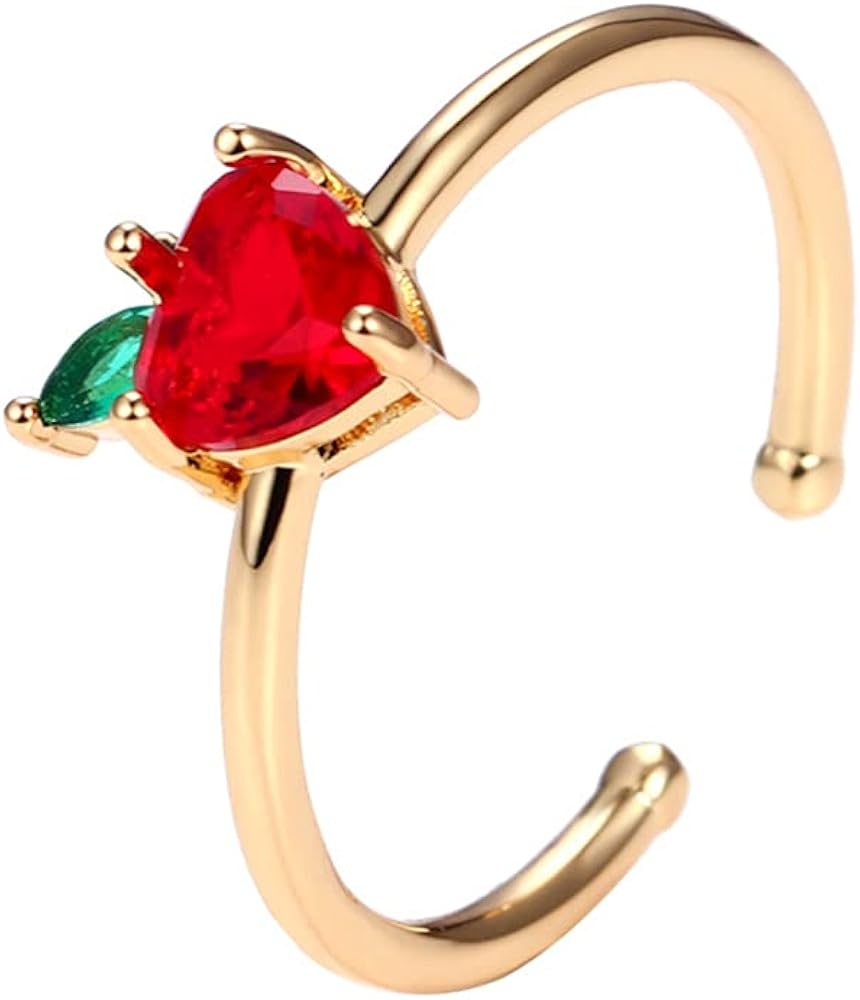 Cute Red Apple Open Stackable Ring Crystal Cubic Zirconia Adjustable Fruit Statement Rings Gold Plated Tail Finger Band Rings Dainty Fashion Jewelry Graduation Gifts for Women Teen Girls Bff