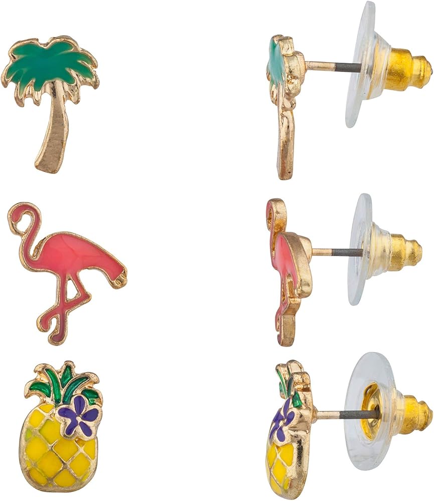 Lux Accessories Gold Tone Tropical Tree Pink Flamingo Yellow Pineapple Earrings