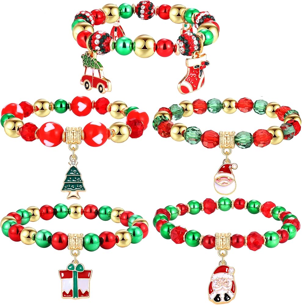 Christmas Beaded Bracelets Santa Candy Cane Hat Charms Bracelets Xmas Tree Car Sock Gift-box Stretch Bracelets Set Green and Red Beads Bracelet for Women Girls Holiday Jewelry Gifts