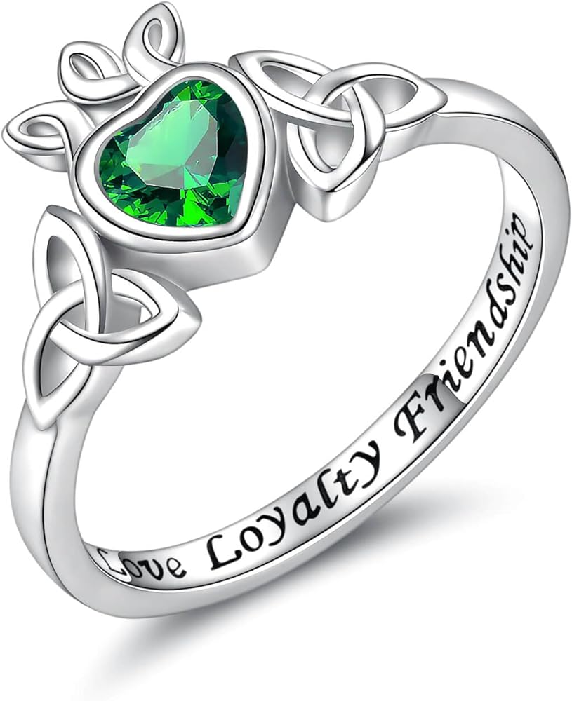 925 Sterling Silver Celtic Heart Ring Green Cubic Zirconia Claddagh Rings Love Loyalty Friendship Irish Jewelry Gifts for Women Teen Girls