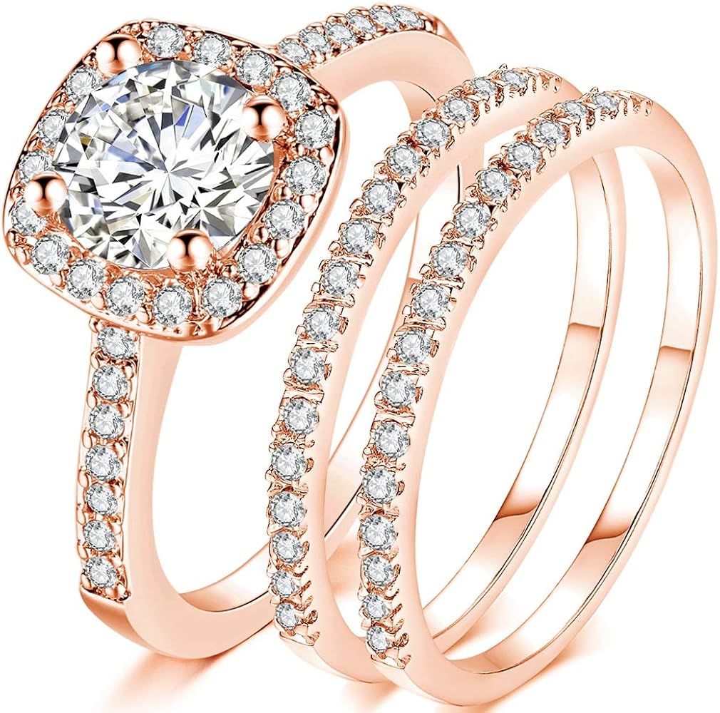 Jude Jewelers Silver Rose Gold Three-in-One Wedding Engagement Bridal Halo Ring Set