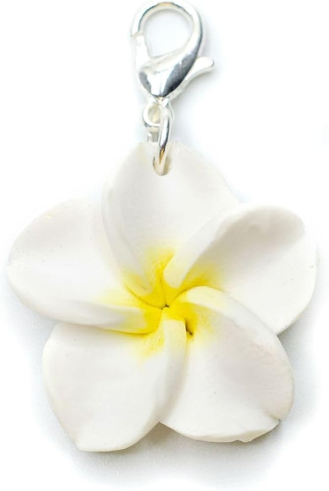 Frangipani Charm Flower Blossom Plumeria Hawaii Surfing Spring Summer White - Handmade Fashion Jewelry - Pendant Bracelet Pull Zipper