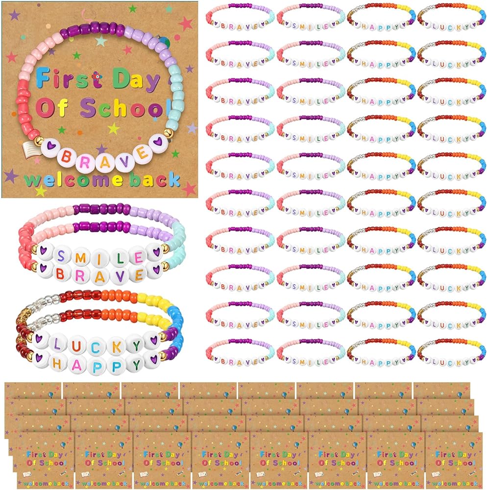 40 Sets First Day of School Kindergarten Bracelet Adjustable Back to School Gifts with Cards for Girl Women (Letter Style)