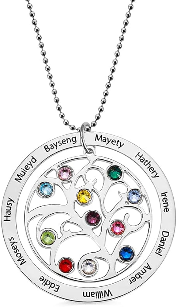 Family Tree Necklace Tree of Life Pendant Mom Grandmother Gift - Birthstone Necklace Grandma Necklace Personalized 1-11 Birthstones & Names