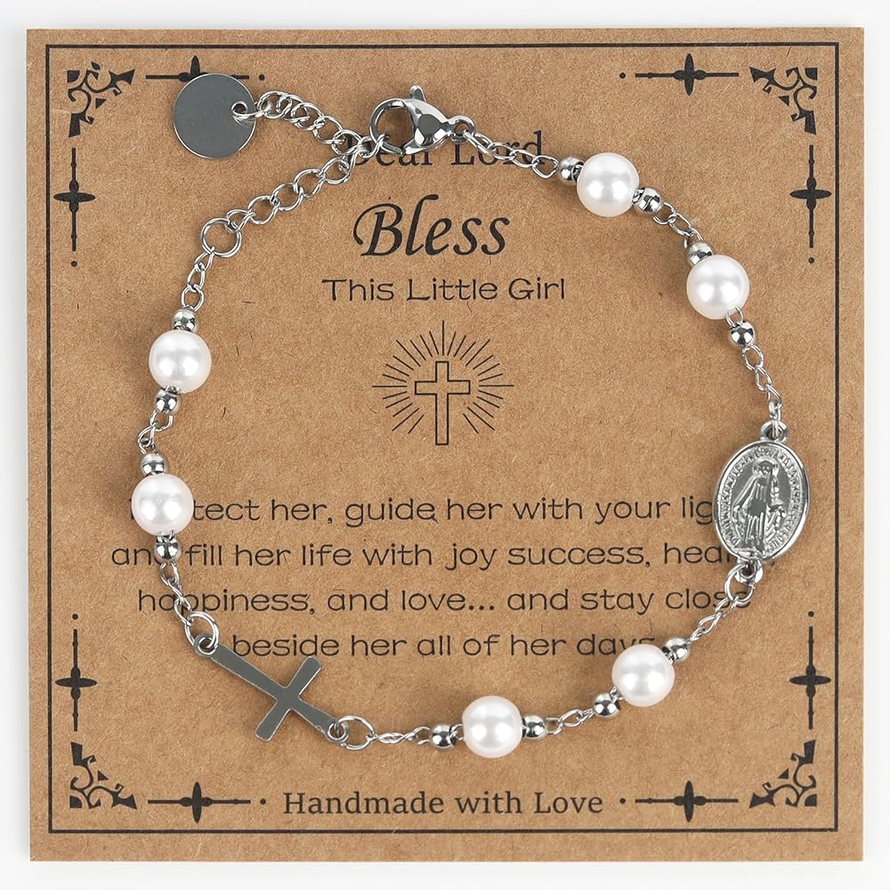 Catholic Cross Bracelet for Girls Charm Bracelet Jewelry Gift for Women First Communion Baptism Confirmation Gifts for Girls Stainless Steel Imitation Pearl Rosary Bracelet