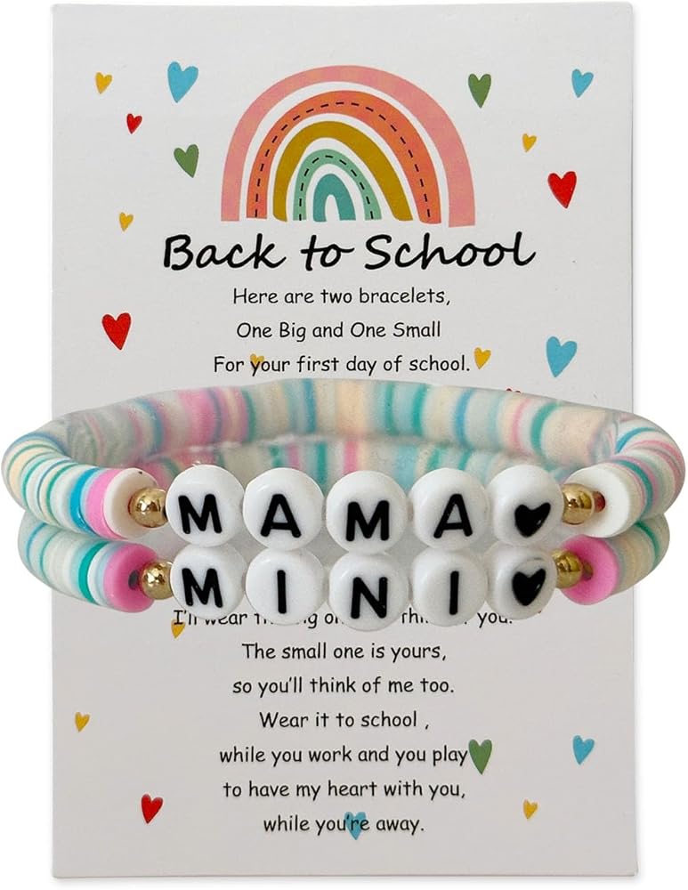 HTH Back to School Bracelets Rainbow Polymer Clay Mama Mini Bracelet Set for Mother Daughter Back to School First Day of School Gifts