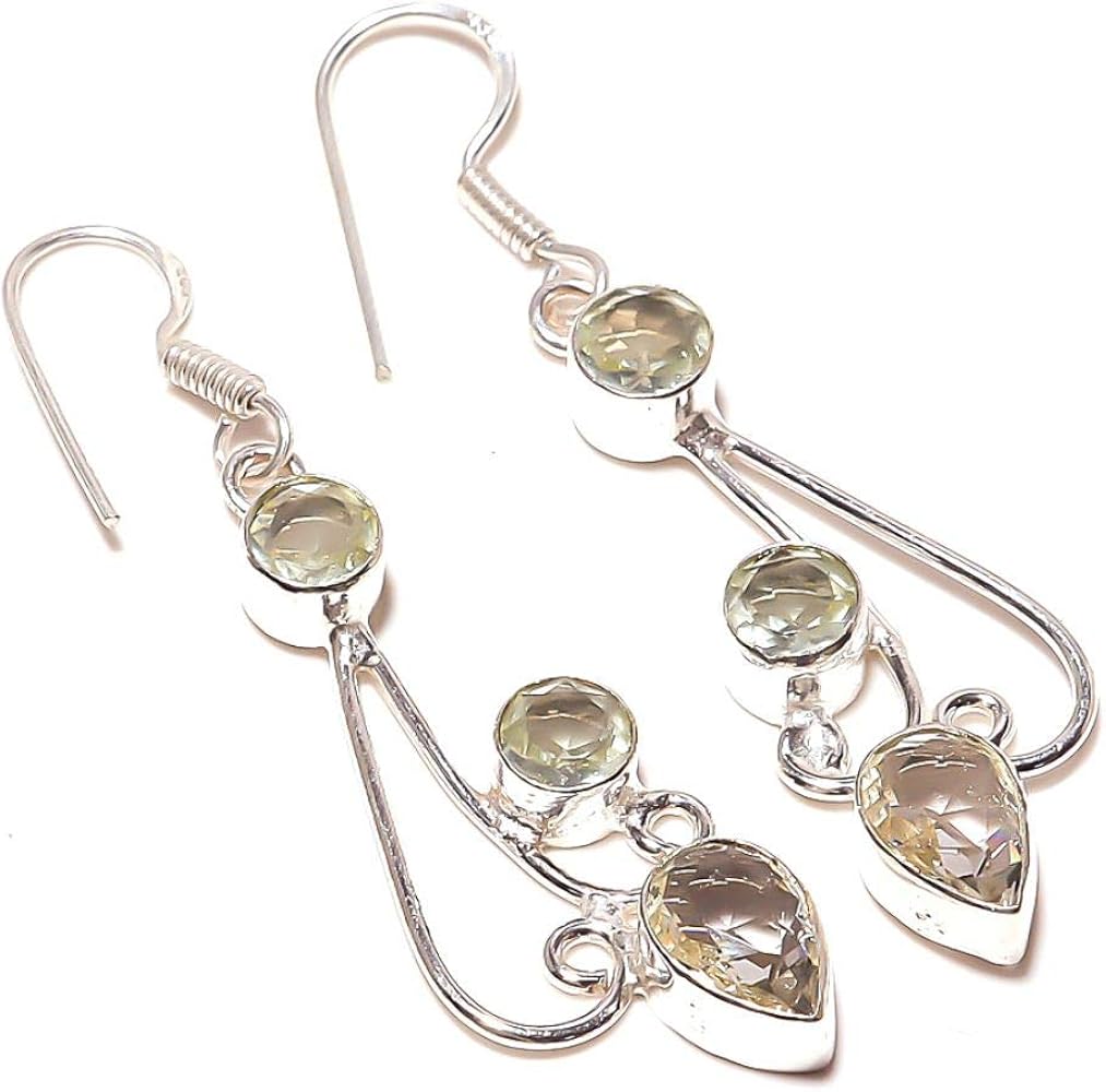 Unique Design! Clear Crystal Quartz HANDMADE Jewelry Sterling Silver Plated EARRING 2.5" Long