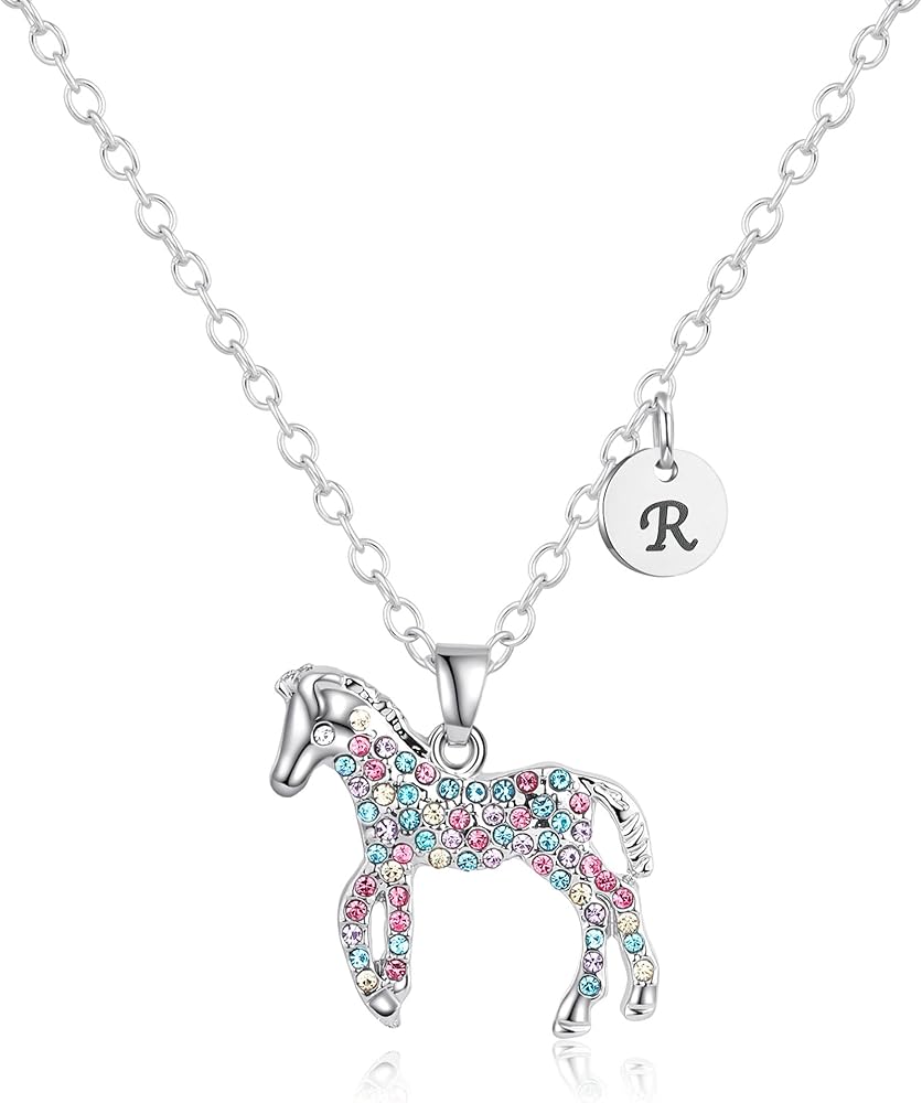 Horse Necklace Gifts 26 Initial Necklace Horse Jewelry Colorful CZ Letter Initial Rainbow Horse Necklaces Jewelry Gifts for Women