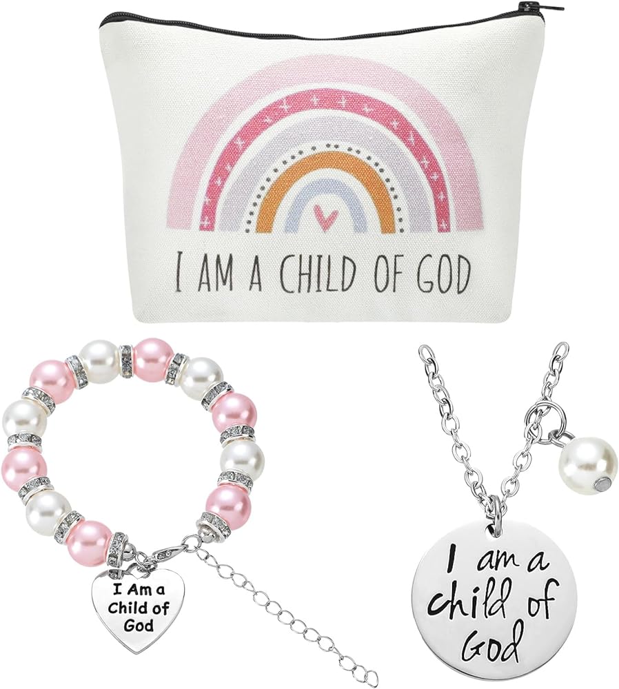 3 Pcs Baptism Gifts for Girls Set God Cosmetics Bag God Necklace Pink and Cream Faux Pearls with Crystals Charm Bracelet First Communion Gifts Baptism Gifts for Godchild