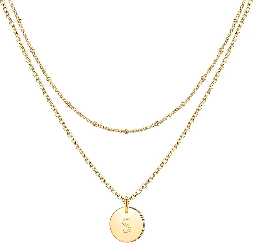 IEFWELL Initial Necklaces for Women Girls - Gold Silver Rose Gold Double Side Engraved Hammered Coin Necklaces Initial Necklace for Women Girls Jewelry Layered Initial Necklaces for Teen Girls Gifts