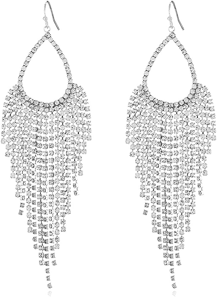 Luxuary CZ Fringe Drop Statement Earrings for Women Teen Girls Cubic Zirconia Tassel Crystal Chain Dangle Hook Stud Earring Elegant Wedding Birthday Party Prom Mother's Day Christmas Jewelry Gifts