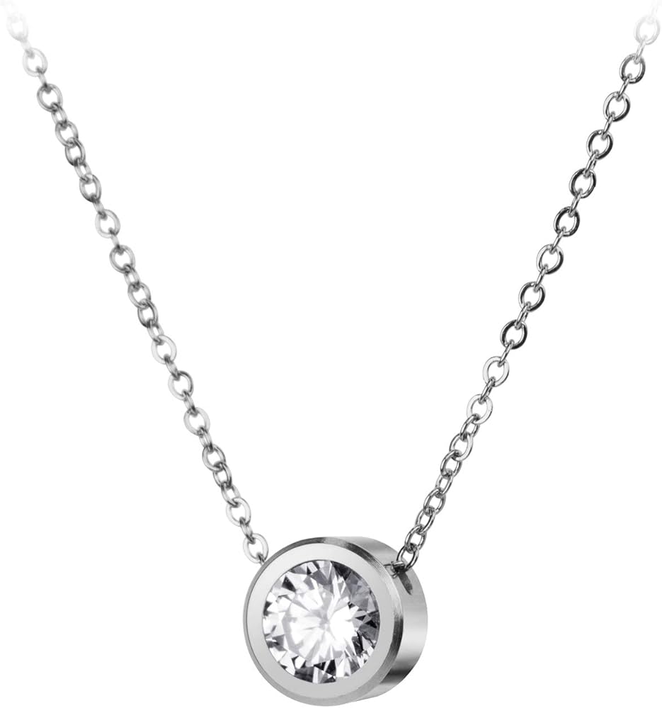 555Jewelry Stainless Steel Round CZ Solitaire Sparkly Bezel Pendant Necklace