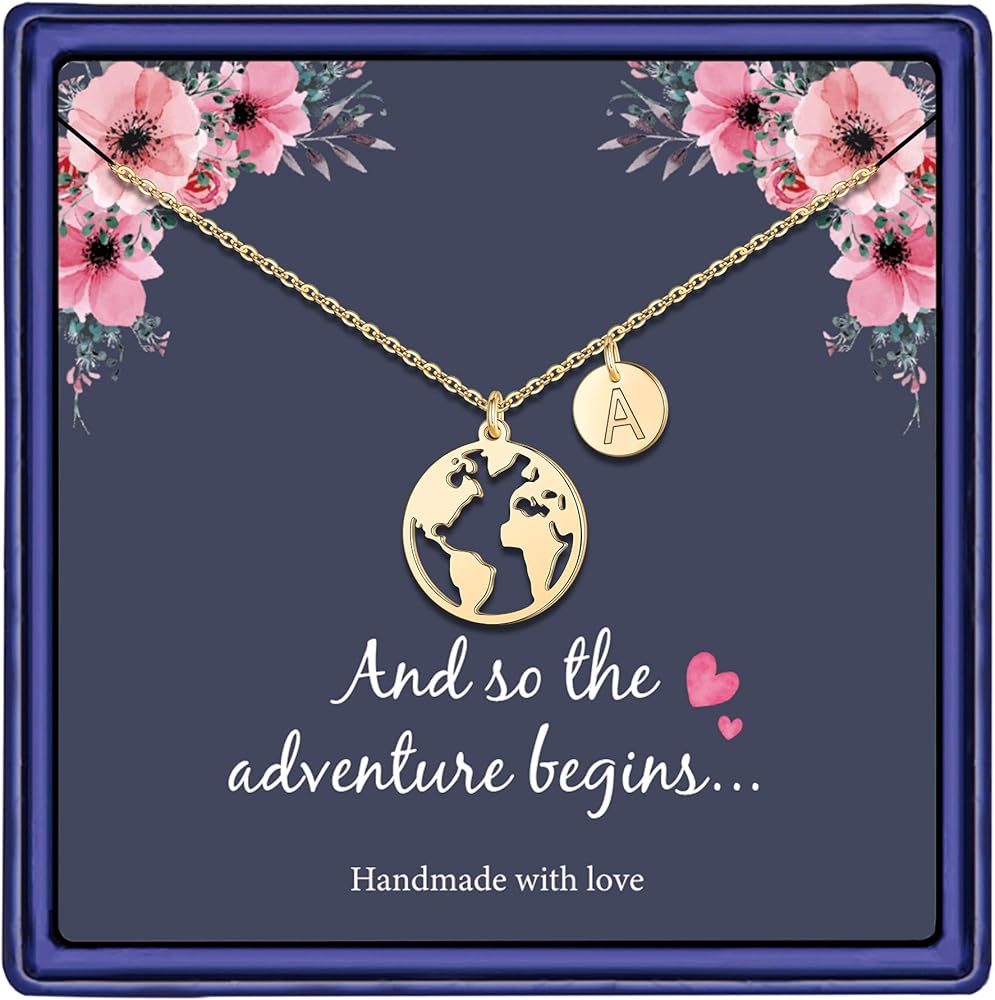 Graduation Gifts for Her, 14K Gold Plated Graduation Necklace Disc Double Side Engraved Hammered Initial Necklace Earth World Map Necklace College High School Graduation Gifts for Her