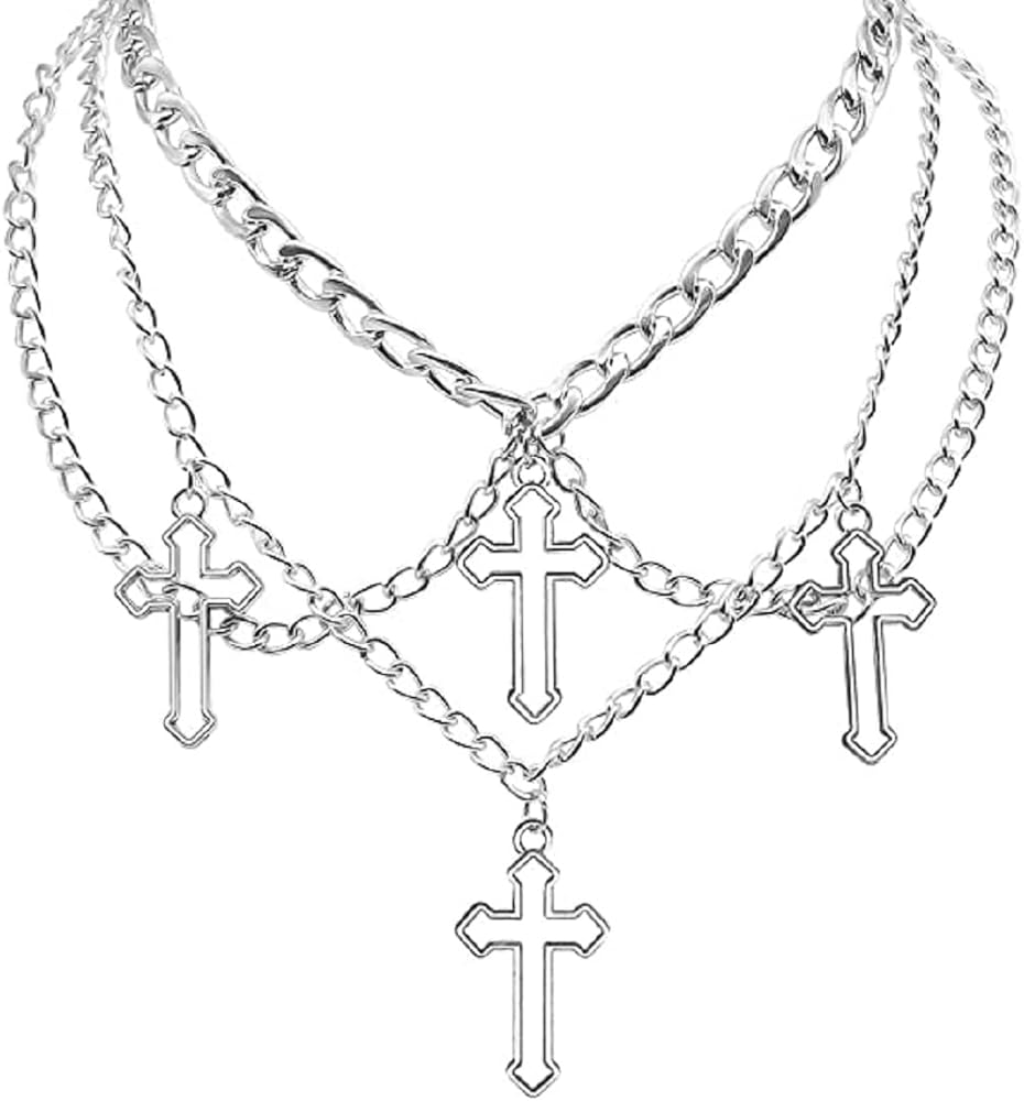 COLORFUL BLING Goth Cross Choker Necklace Gothic Layered Chunky Pendant Necklaces Egirl Silver Plated Long Multilayer Chains 40 inches For Women Teen Girls