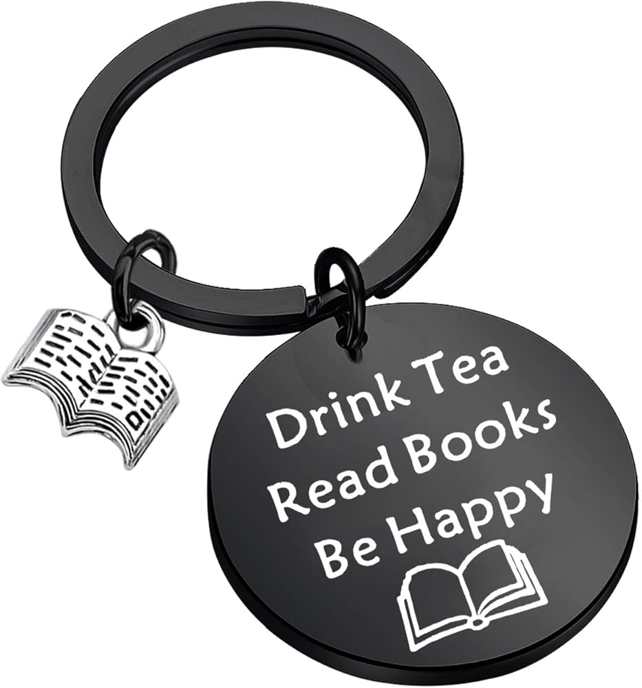 FEELMEM Tea Lovers Gift Drink Tea Read Books Keychain Tea Party Gift Literature Book Lovers Jewelry Gift