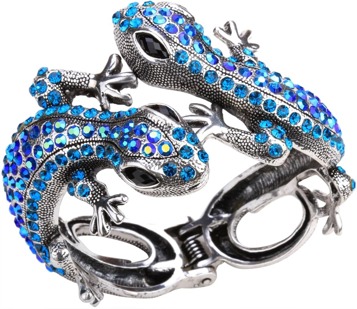 Women's Twin Gecko Lizard Hinged Bangle Bracelet Fit Wrist Size 6-3/4 To 7-1/2 Inch - Lead & Nickle Free - Halloween Costome Accessories Jewelry for Women Teen Girls