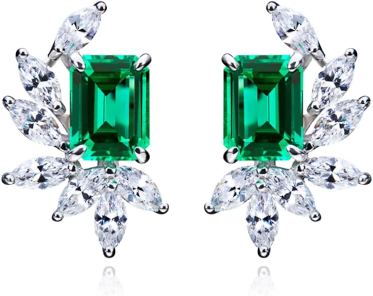 Dainty Flower Princess Cut Emerald CZ Leaf Stud Earrings for Women Girls Fashion Diamond Crystal Piercing Huggie Studs Post Pin Hypoallergenic Jewelry Gifts Bff Her Wife Birthday Xmas