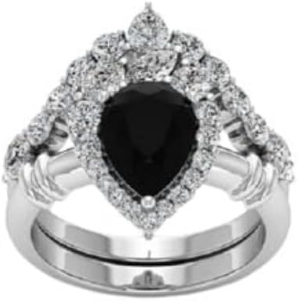 Generic Black Onyx 1.5 CT Bridal Ring Set 925 Sterling Silver, Pear Shaped Black Stone Engagement Ring with Curved Wedding Band, Anniversary Ring for Wife