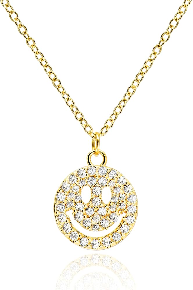 14K Gold Plated Smiley Face Necklace • Dainty Cubic Zirconia Happy Face Jewelry for Women • Non Tarnish Preppy Cute Teen Girl Necklace [SMN]