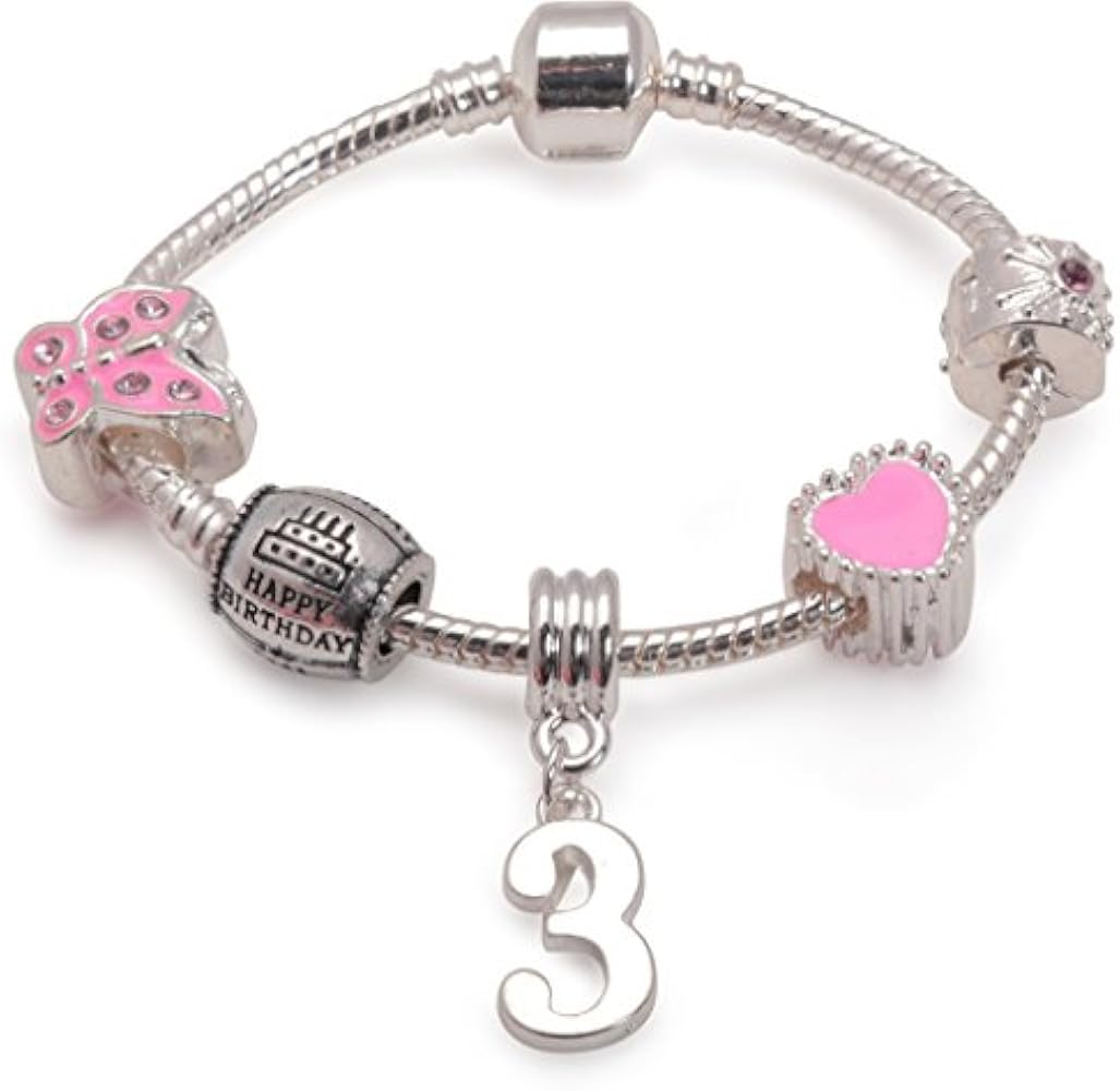 Liberty Charms Pink Happy 3rd Birthday Silver Plated Charm Bracelet with Gift Box. Gift for 3 Year Old Girl