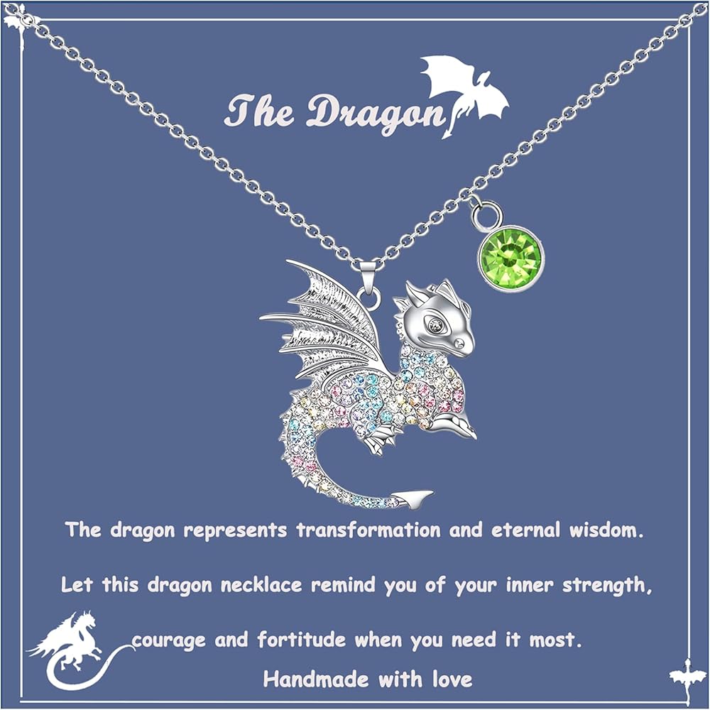 Dragon Necklace for Girls with Birthstone Pendant, Dragon Gifts for Girls, Inspirational Dragon Jewelry, Birthday Graduation Gifts for Teen Girls Dragon Lover Daughter Granddaughter Niece