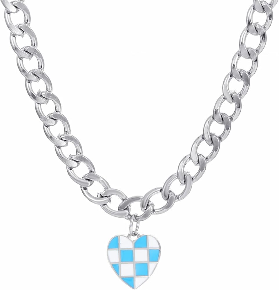 Checker Heart Chunky Chain Pendant Necklace Vintage Temperament Enamel Black White Checkerboard Checker Flag Paperclip Chain Necklace for Women Minimalist Birthday Christmas Party Jewelry Gifts