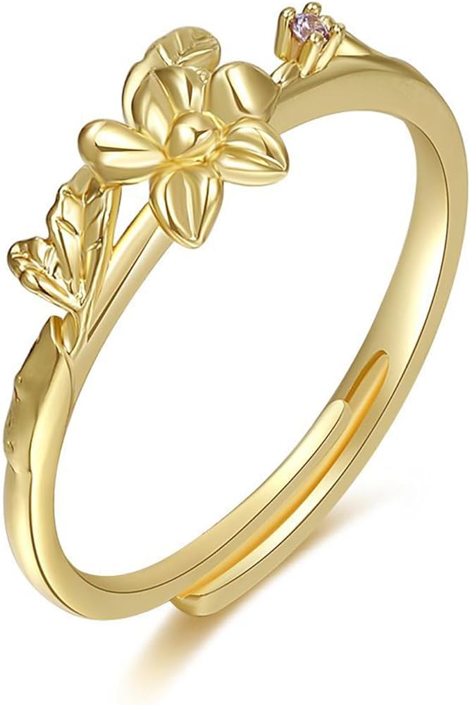 Crystal flower Ring Adjustable Flower Ring Girls Birthday Month Flower Ring (1-12 Months) Women Gold Plated Stacking Ring Wedding Ring Birthday Jewelry for Girls Gifts