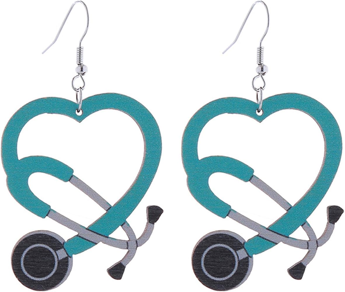 Coadipress Nurse Earrings for Nurse Doctor Colorful Stethoscope Earrings Lightweight Wooden Love Heart Drop Earrings Doctor Nurse Appreciation Jewerly Gifts