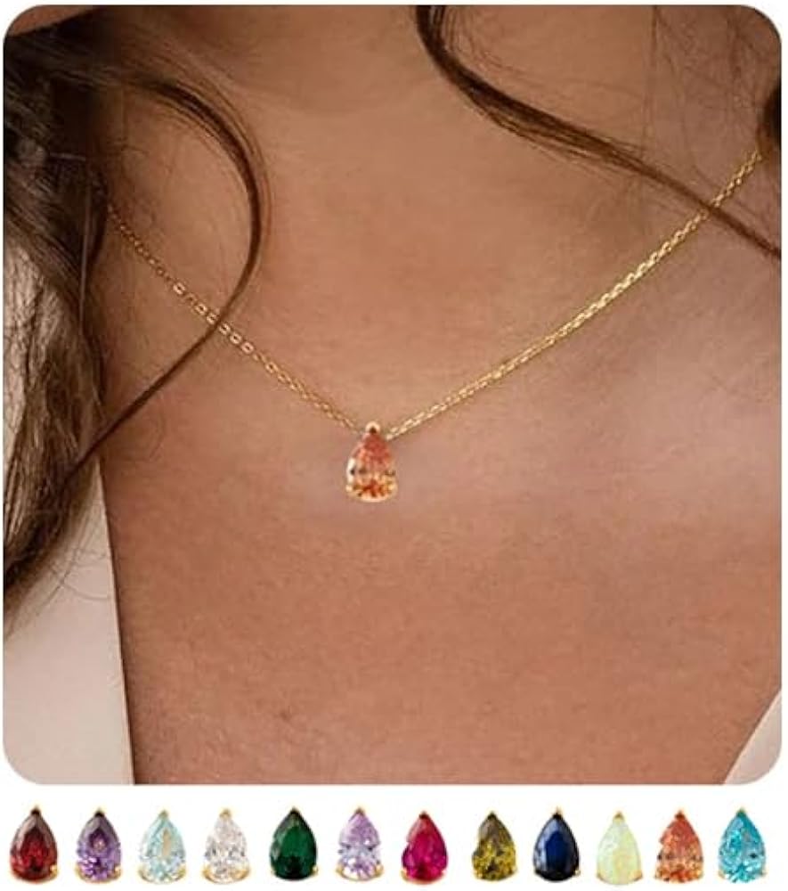 Gold Birthstone Necklace for Women, Dainty Diamond Pendant Necklace for Teen Girls Blue Green Cubic Zirconia Pendant Necklace Birthday Anniversary Crystal Jewelry Gifts for Mothers