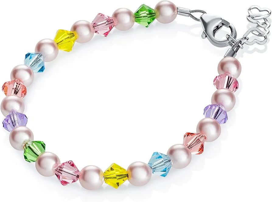 Stylish Sterling Silver Baby Girl Bracelet Gift with Pink European Simulated Pearls and Multicolor Crystals (BMCB_L)