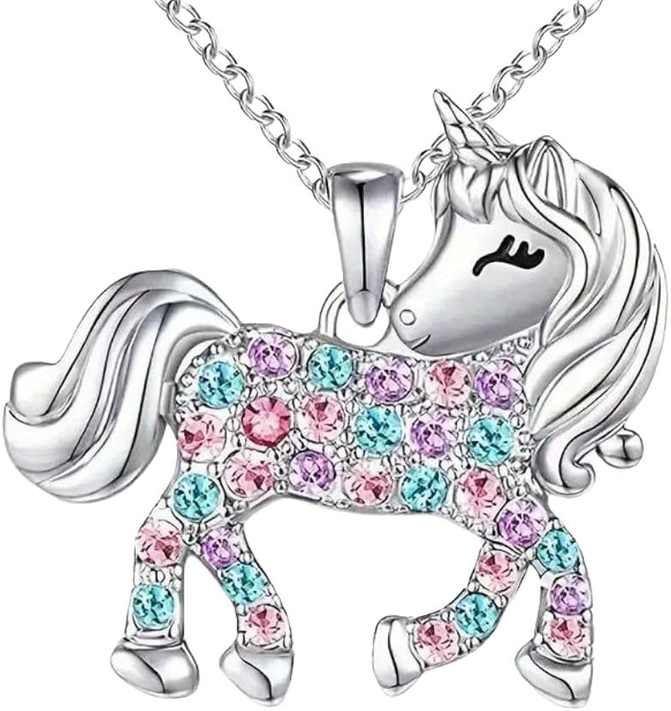 Unicorn Necklace with Rhinestones and Silver Claw Clasp, Crystal Pendant for Girls Birthday Gift