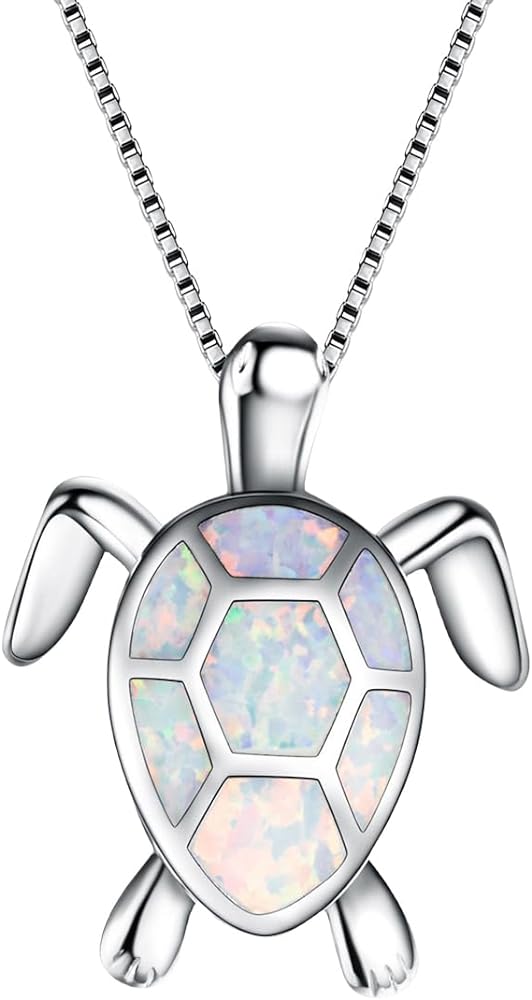 Vessantara Turtle Necklace - 925 Sterling Silver Necklace for Women Blue Opal Stud Earrings Sea Turtle Gifts for Girls Hypoallergenic Jewelry Sets