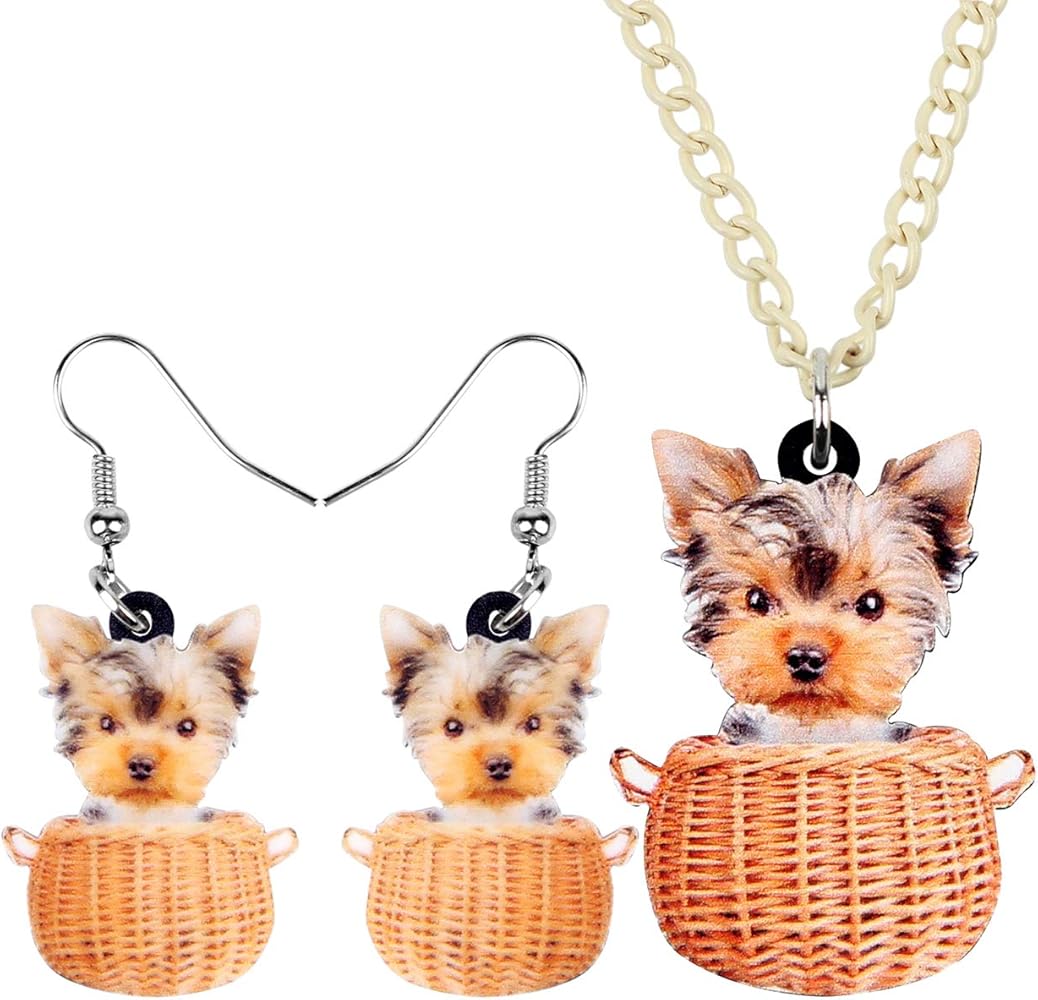 Acrylic Brown Yorkie Yorkshire Retriever Dog Necklace Earrings Set Drop Dangle Pendant Jewelry for Women Teens Girls Gifts (Brown)