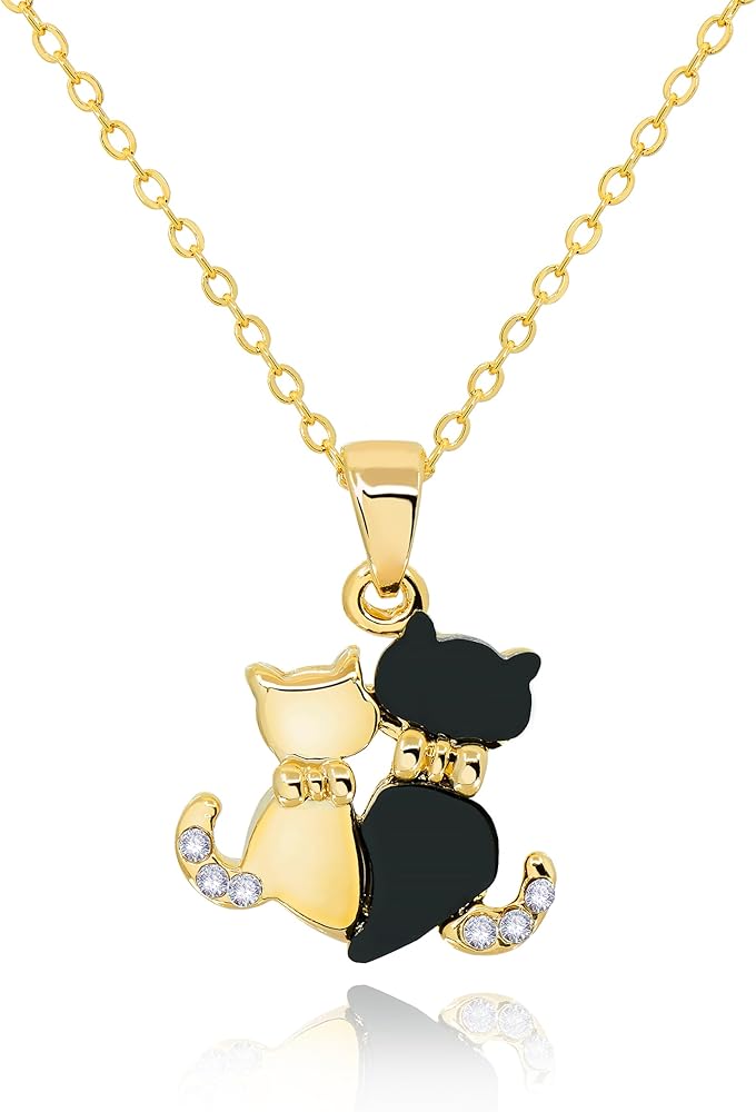 Two Cats Necklace for Women • 14K Gold Plated Dainty Cute Kitten Pendant Jewelry for Girls • Black Onyx Real Stone Charm • Mothers Day Gifts for Mom [CTN-H]