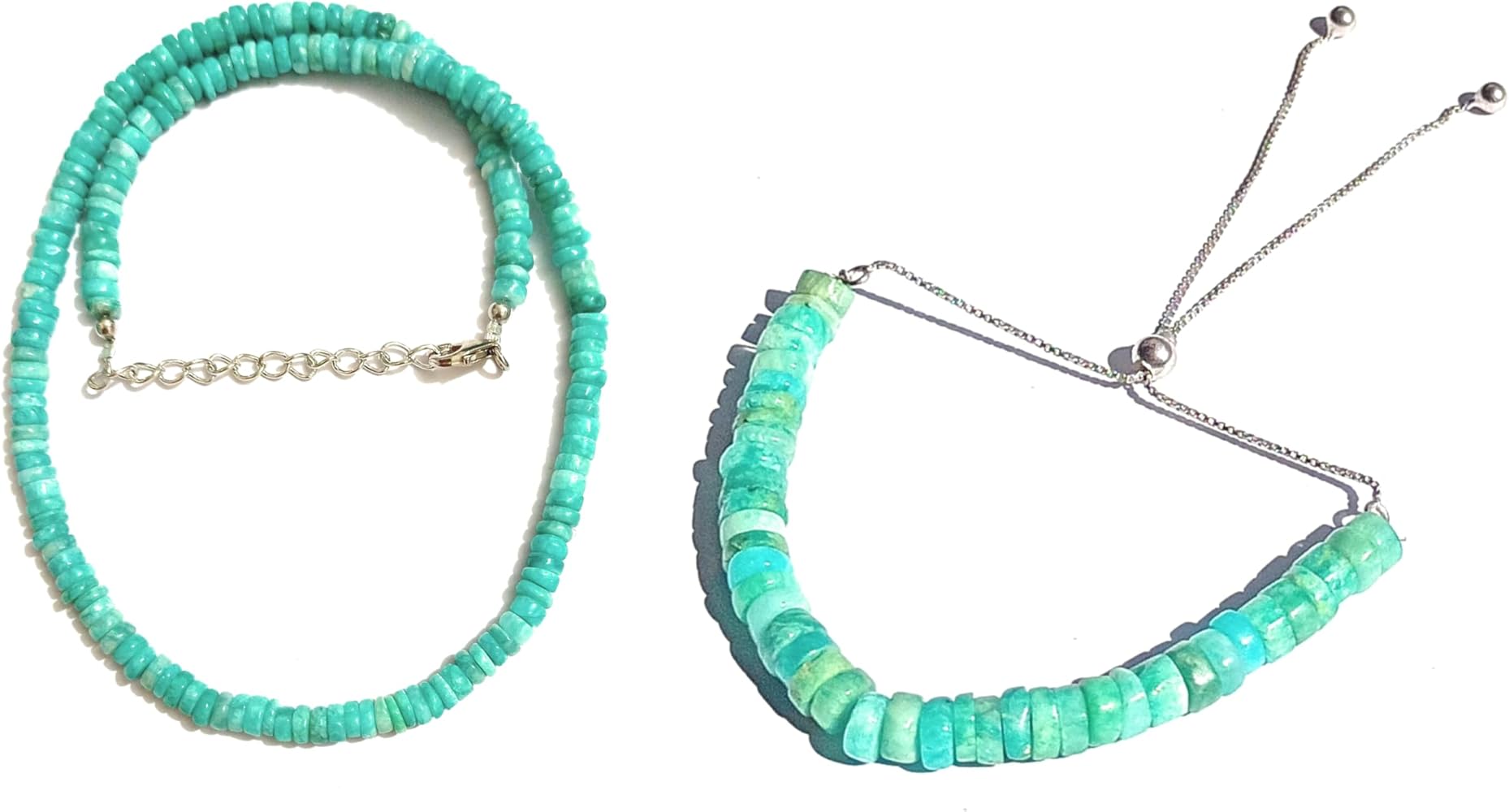 Amazonite Jewelry Set - Amazonite Silver Jewelry, Amazonite Wheel Sterling Silver Necklace 18"" and Bracelet 10"" Set Jewelry, Greenish Blue