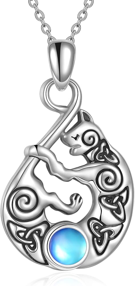 Infinity Cat Pendant Necklace for Women Sterling Silver Celtic Trinity Knot Moonstone Necklace Gifts for Girls