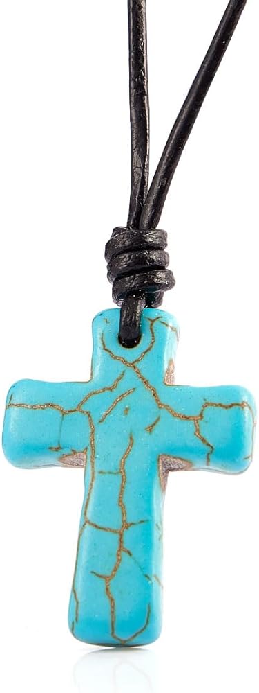 Stone Cross Pendant Adjustable Leather Necklace Gift for Valentine's Day