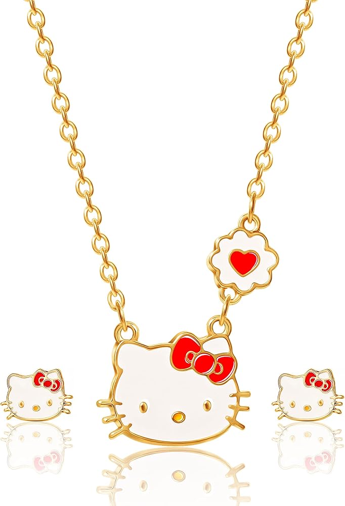 Hello Kitty Sanrio Girls Jewelry Set - Flash Plated 18+3 Necklace and Stud Earrings Officially Licensed