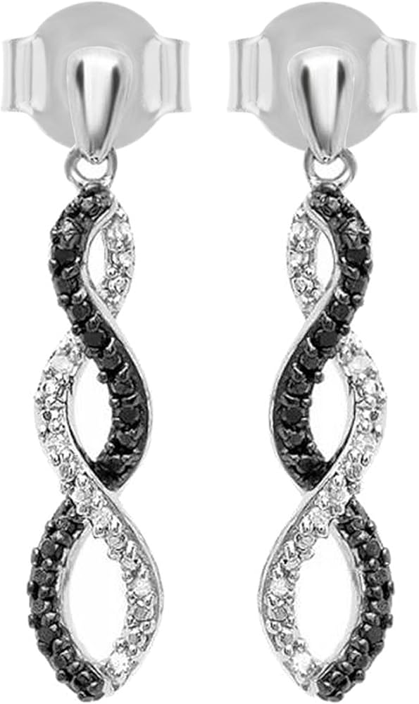 Dazzlingrock Collection Round Black & White Diamond Infinity Swirl Dangling Drop Post Earrings for Her in 925 Sterling Silver