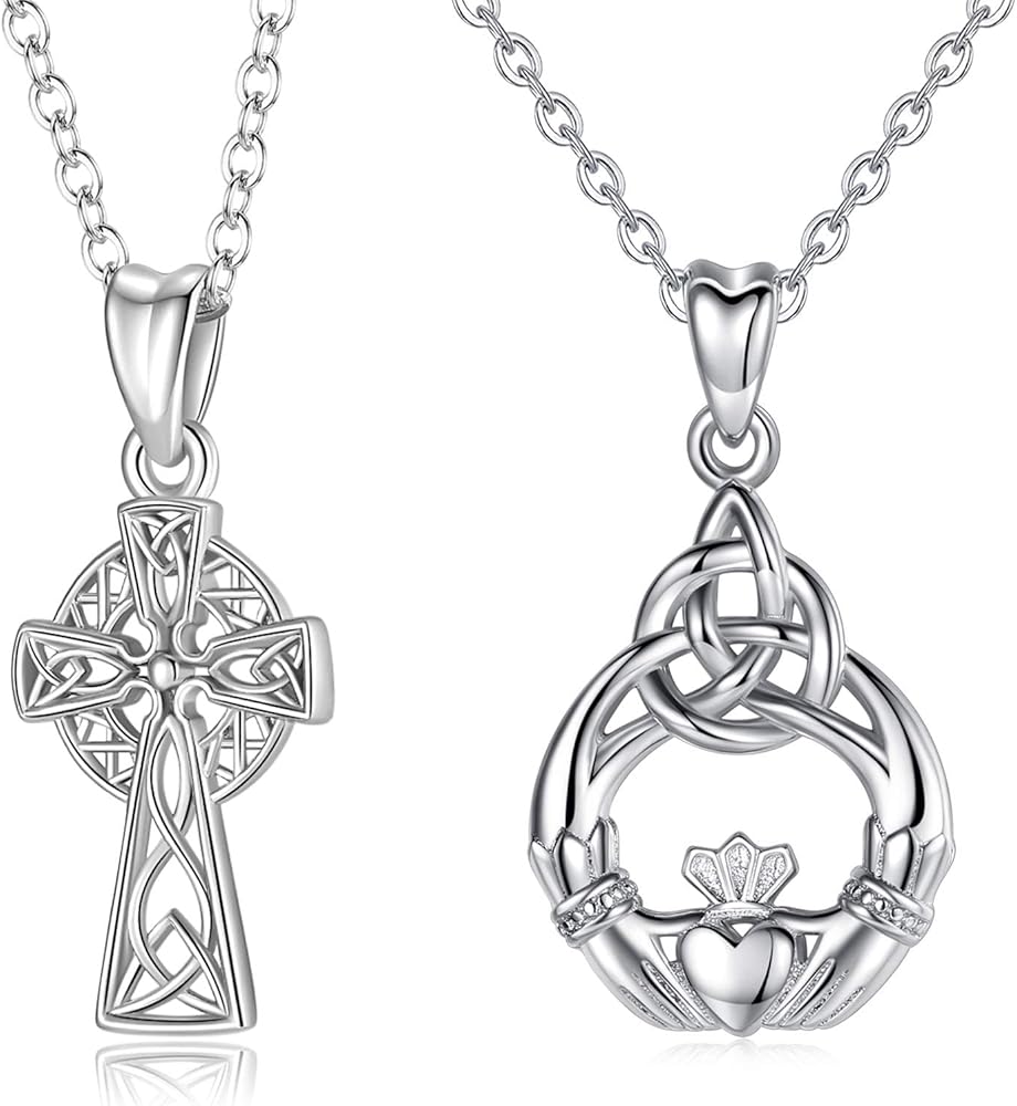 INFUSEU 2 Pack Sterling Silver Small Celtic Knot Jewelry - Celtic Cross & Claddagh Pendant Necklace for Women Girls, 18" Chain