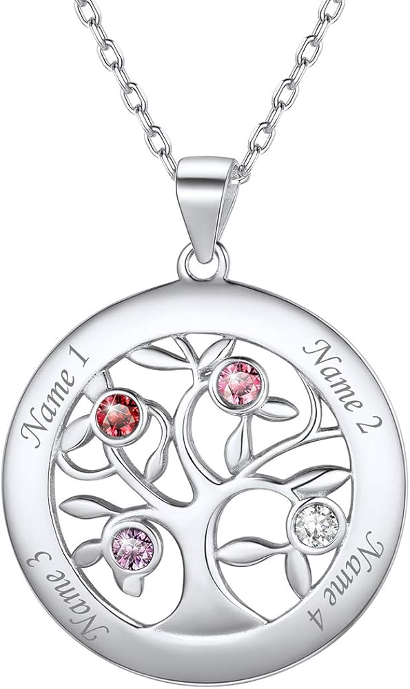 U7 Heart/Round Tree of Life Necklace, Customized Birthstone Jewelry for Women Men,Custom Name Family Branch Tree Pendant Personalized Mother Necklaces with 2-7 Names and Birthstones