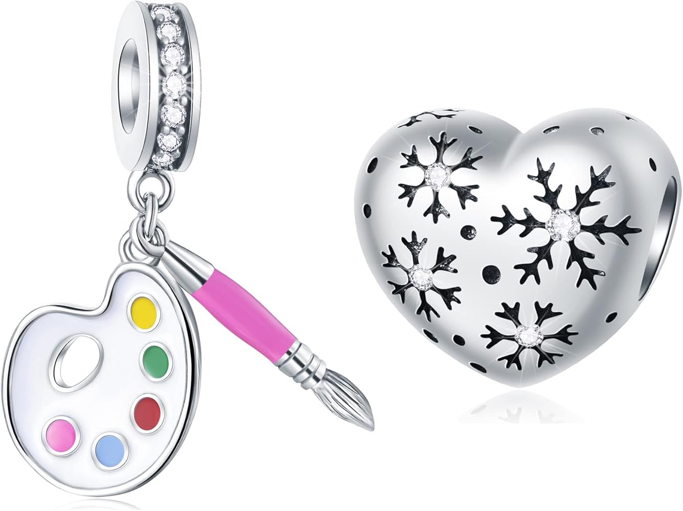 2pcs Set Artist Palette and Paint Brush Charms and Heart of Snowflake Charm, in 925 Sterling Silver Fit Bracelet, Christmas Gift for Girl/Wife