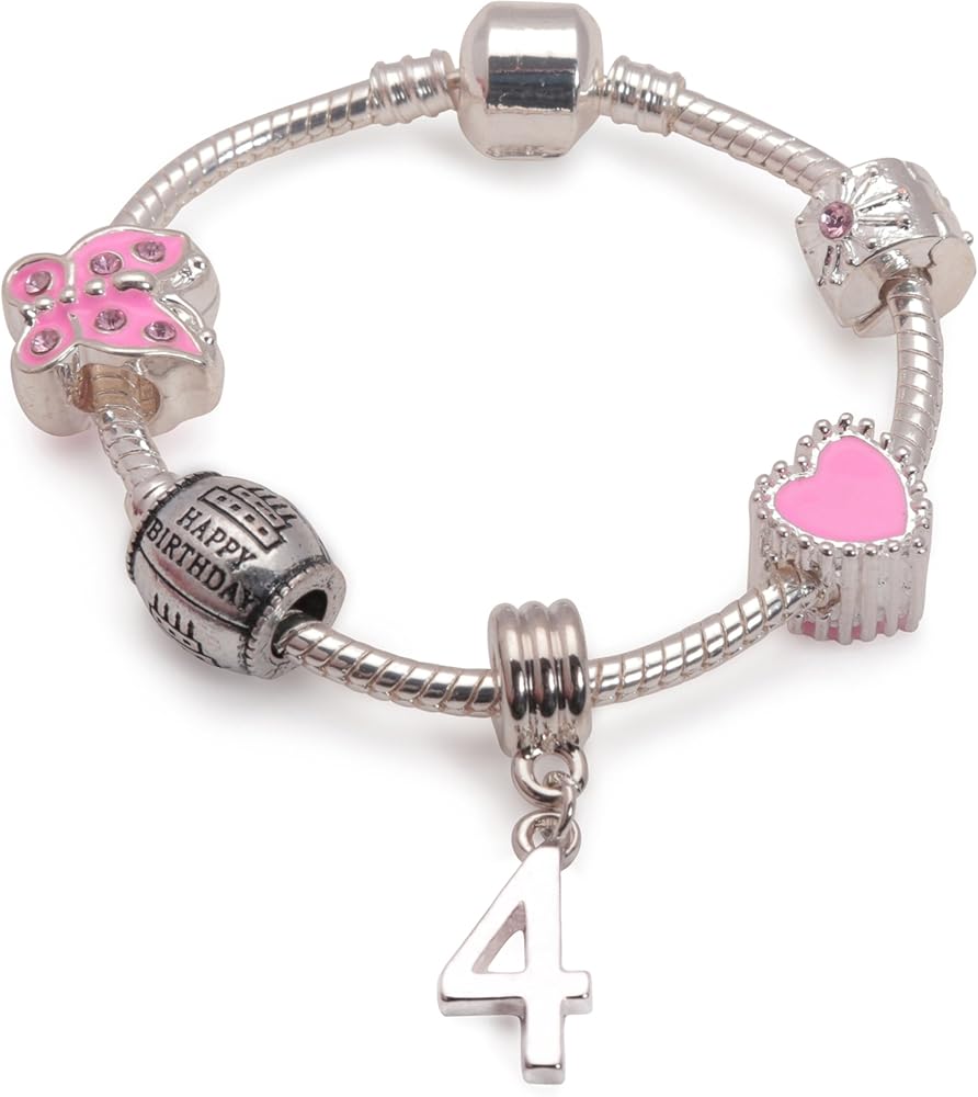 Childrens Pink Happy 4th Birthday Silver Plated Charm Bead Bracelet. with Gift Box