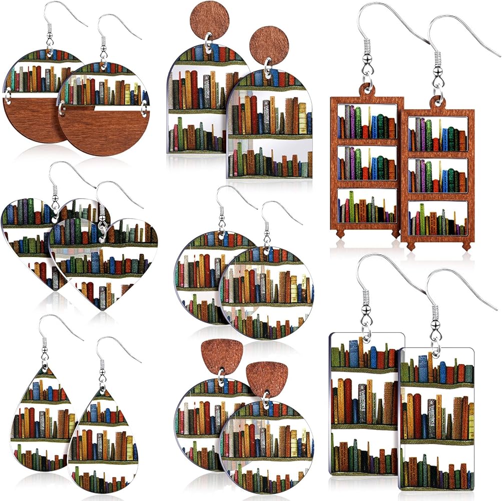 8 Pairs Book Earrings for Girls Funny Earrings for Book Lovers Book Stack Teardrop Heart Library Earrings