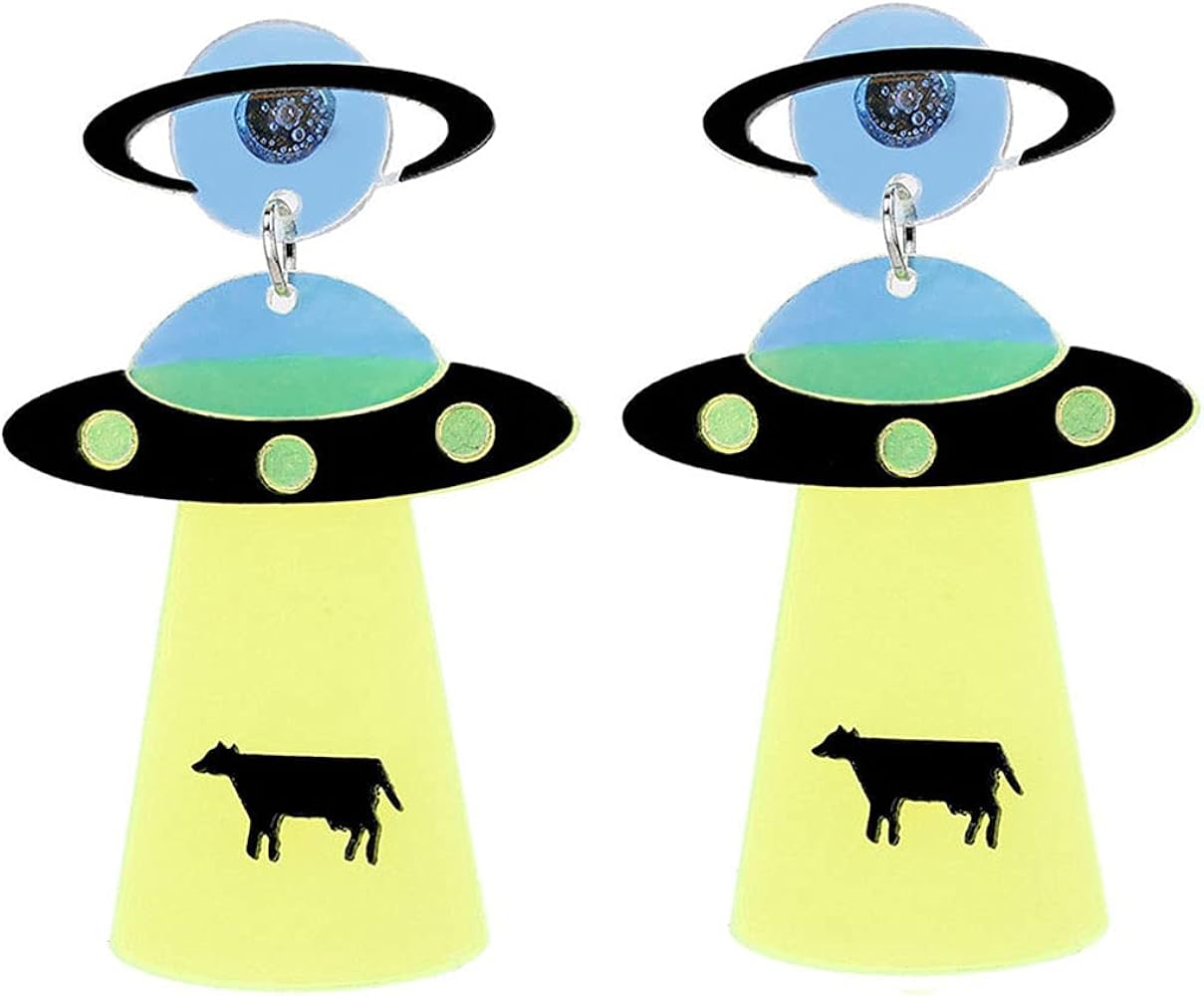 Cute UFO Spaceship Alien Acrylic Dangle Drop Earrings Funny Cartoon Earrings Acrylic Lightweight UFO Airship Earrings for Women Teen Girls