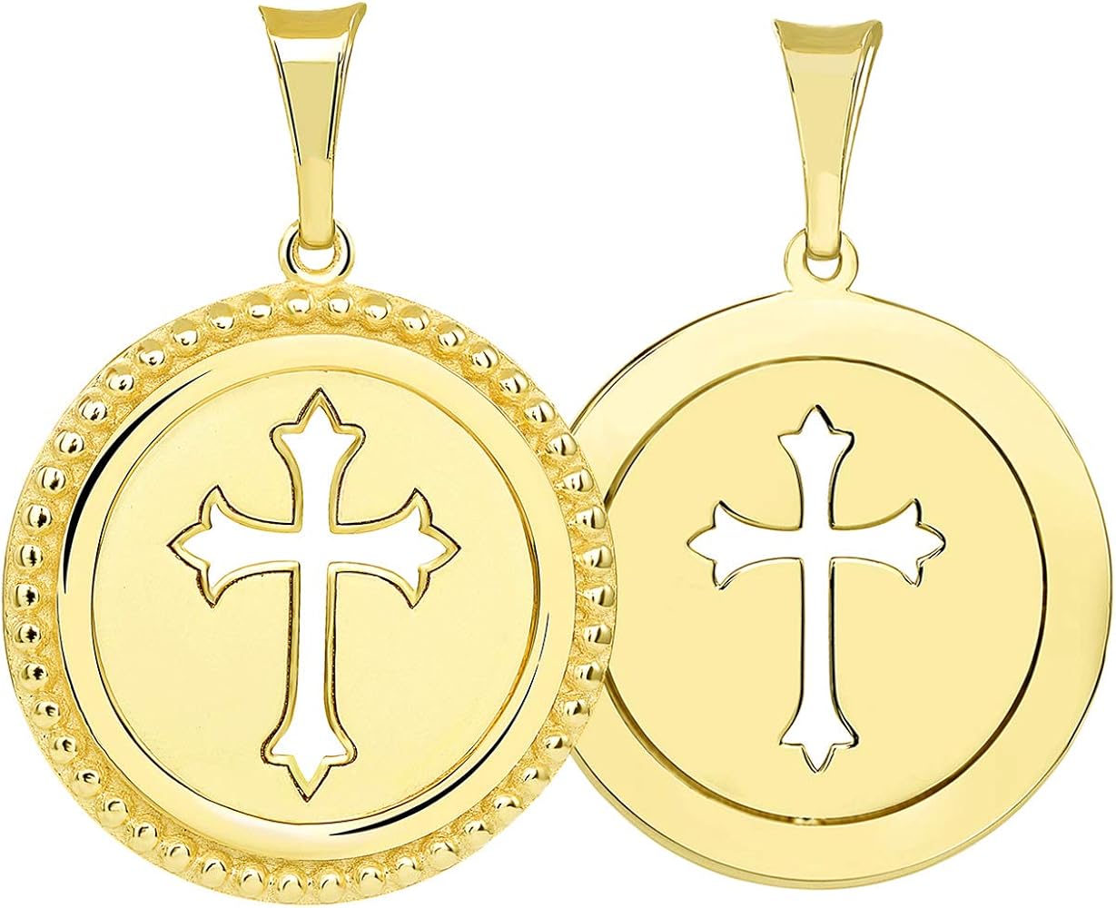 14k Yellow Gold Reversible Open Christian Cross Medallion Pendant