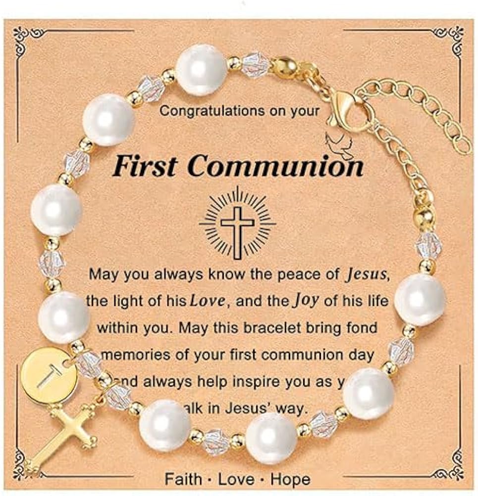 Personalized First Communion Gifts for Catholic, Rosary Cross Pearl Bracelet for Daughter Niece, Goddaughter Communion Gifts from Godmother